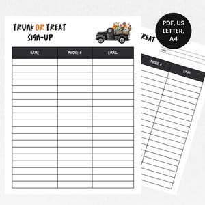 May include: Two white sheets of paper with a black and white design. The top sheet reads "TRUNK OR TREAT SIGN-UP" with fields for name, phone, and email. A black truck illustration is on the top left. The second sheet has similar fields.