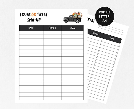 Trunk or Treat Sign Up Sheets, Trunk or Treat Event Signup, Volunteer Signup Sheet Printable, Halloween Signup Form, Church Sign Up