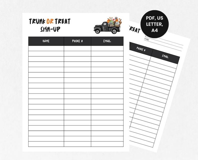 May include: Two white sheets of paper with a black and white design. The top sheet reads "TRUNK OR TREAT SIGN-UP" with fields for name, phone, and email. A black truck illustration is on the top left. The second sheet has similar fields.