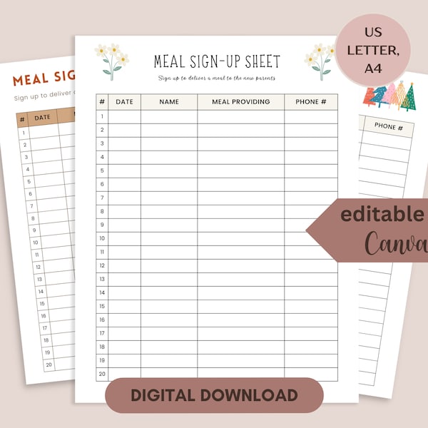 Editable Meal Sign Up Sheet, Meal Train Signup Sheet Printable, Editable Food Signup, Feed the Parents