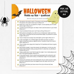 Halloween Riddle Me This, Activities for Kids Printable, Halloween Party Activity, Virtual Halloween Game, Office Party Game