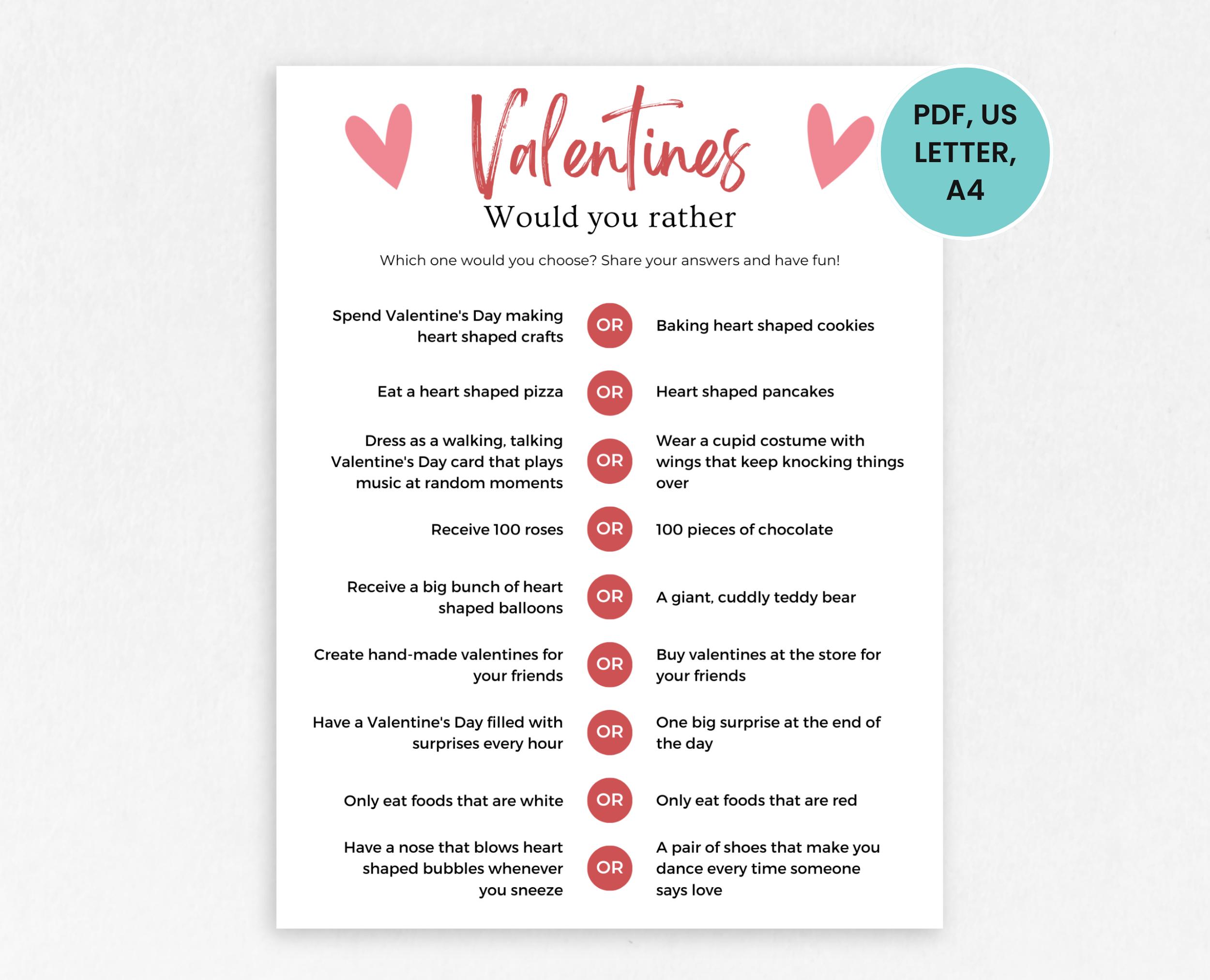 Valentines Would You Rather, Activities for Kids Printable, Valentine's Party Game, Office Party Game