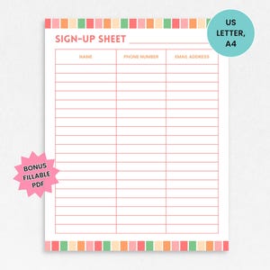 Sign Up Sheet, Email Signup Sheet Printable, Summer Signup, Church Sign Up