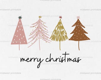 May include: A festive illustration with four Christmas trees in pink, gold, and brown. The words "merry christmas" are written in a cursive font below the trees. The design is set against a white background, perfect for the holiday season.