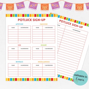Peut inclure: Une feuille de sign-up pour un potluck imprimable avec un thème coloré du Jour des Morts. La feuille est divisée en sections pour les apéritifs, les plats principaux, les accompagnements, les desserts, les boissons et les articles divers. Chaque section a des colonnes pour les noms et ce qu'ils apportent. La feuille est modifiable dans Canva.