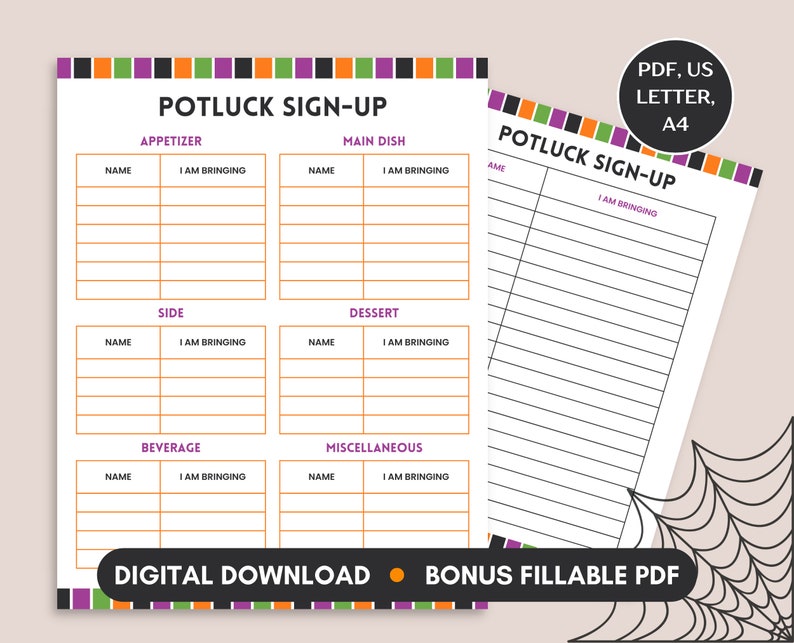 Potluck Sign up Sheet for Halloween, Office Potluck Party Printable
