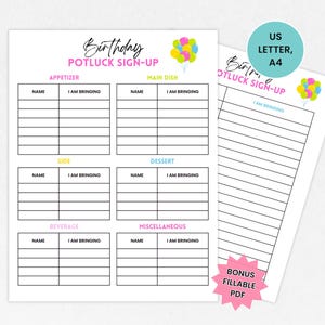 Birthday Potluck Sign Up Sheet, Birthday Party Potluck, Potluck Party Printable, Summer Party Potluck Signup, Food Sign Up, Church Sign Up