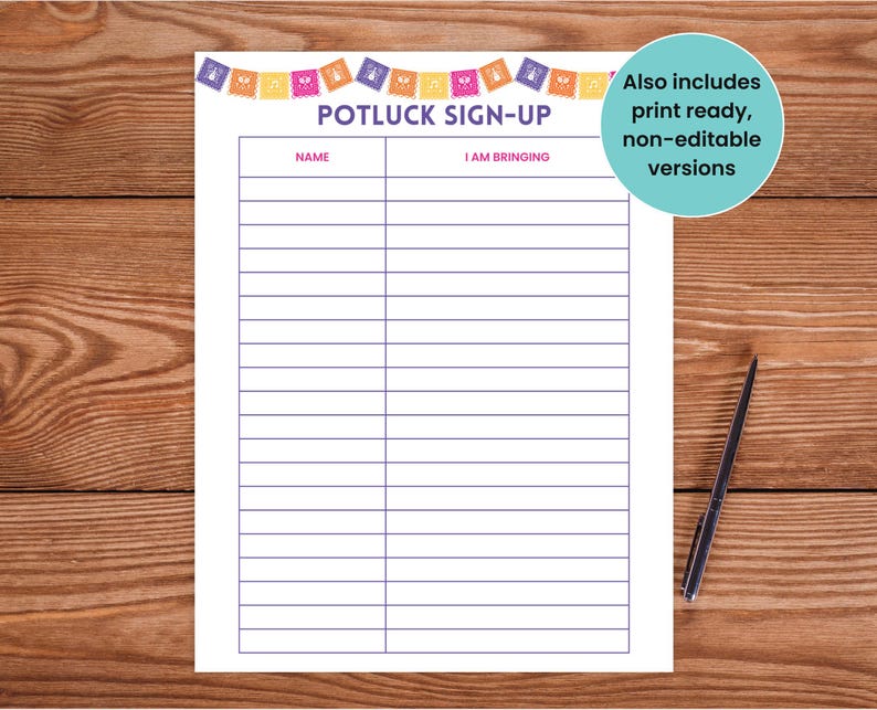 Editable Fiesta Potluck Sign up Sheet, Office Potluck Party Printable