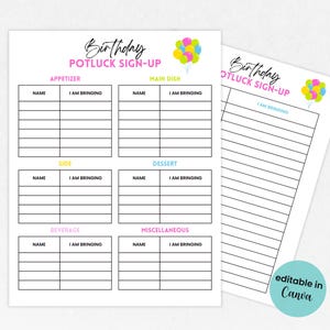 Editable Potluck Sign Up Sheet, Birthday Party Potluck, Potluck Party Printable, Summer Party Potluck Signup, Food Sign Up, Church Sign Up