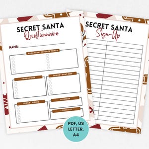 Cuestionario de Papá Noel secreto para adultos, Hoja de registro de intercambio de regalos de Papá Noel secreto, Formulario de Papá Noel secreto, Papá Noel secreto de oficina imprimible