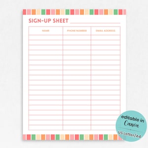 Editable Sign Up Sheet, Email Signup Sheet Printable, Summer Signup, Church Sign Up