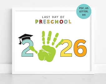 Laatste dag van de kleuterschool handafdrukkunst, kleuterschool afstuderen handafdruk ambacht, afdrukbare pre-K afstuderen, handafdruk kunst aandenken 2026