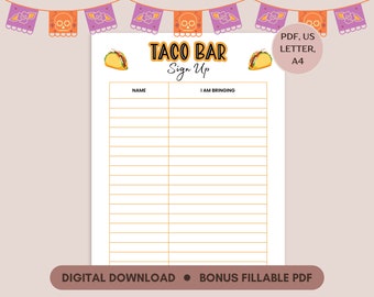 Taco Bar Potluck Sign Up Sheet, Office Potluck Party Printable, Taco Party Potluck Signup, Food Sign Up Sheet, Church Sign Up