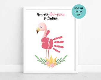 Flamingo Handprint Art Template for Valentine's Day, Valentines Day Handprint Craft, Valentine's Day Activity, Handprint Gift for Valentines
