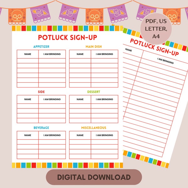 Fiesta Potluck Sign Up Sheet, Office Potluck Party Printable, Taco Party Potluck Signup, Food Sign Up Sheet, Church Sign Up