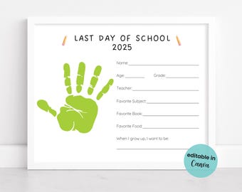 Bewerkbare laatste schooldag handafdruk kunst, kleuterschool afstuderen handafdruk ambacht, afdrukbare pre-K afstuderen, voorschoolse kunst aandenken 2025