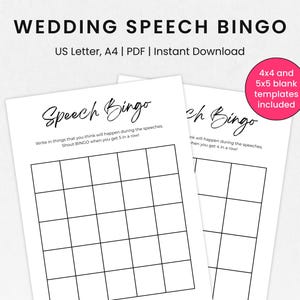 Hochzeit Speech Bingo Spiel, leere Bingo Kartenvorlage, druckbare Hochzeitsspiel, Hochzeit Bingo Spiel für Gäste