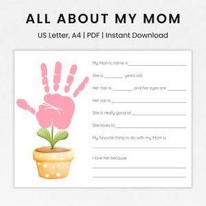 Allt om min mammas handavtryckspyssel, mammafrågeformulär, mors dag-present till mamma, mammapresent från barn, mors dag-pyssel för barn