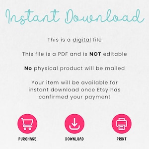 K&ouml;nnte beinhalten: Sofortige Download-Grafik mit dem Text "Sofortiger Download", "Dies ist eine digitale Datei", "Diese Datei ist ein PDF und ist NICHT bearbeitbar", "Kein physisches Produkt wird versandt", "Ihr Artikel steht zum sofortigen Download bereit, sobald Etsy Ihre Zahlung best&auml;tigt hat". Unter dem Text befinden sich drei Symbole: ein Einkaufswagen, ein Download-Pfeil und ein Drucker.