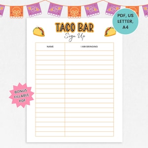 May include: A printable taco bar sign up sheet with a festive Day of the Dead theme. The sheet features a colorful banner with skulls and flowers, and the text "Taco Bar Sign Up".
