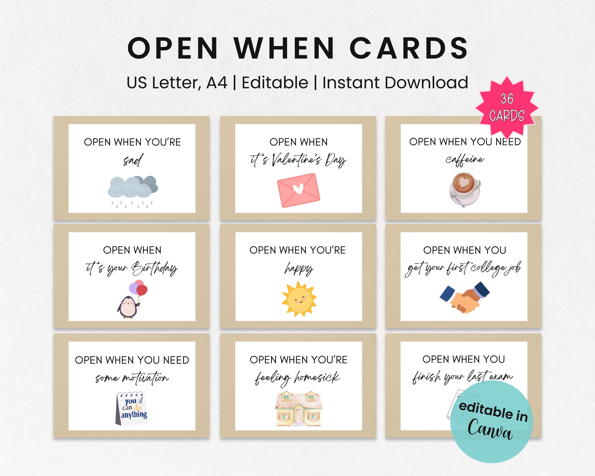 Editable Open When Cards for College Students, Open When Letters, College Care Package, Open When Printable Cards, Graduation Gift