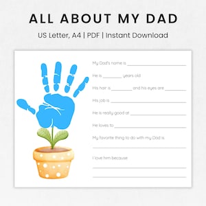 Manualidad con huella de mano "Todo sobre mi papá", Cuestionario para papá, Manualidad imprimible para el Día del Padre para niños, Regalo para el Día del Padre para papá, Regalo para papá de parte de los niños