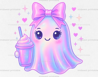 Süßer Geist PNG, irisierender Geist Mit Kaffee PNG, Halloween PNG, Girly Geist Sweatshirt Design, Halloween-Becher-Design, Kaffee-Liebhaber PNG