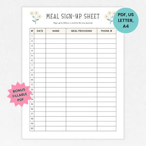 Peut inclure: Une feuille de inscription pour les repas imprimable avec un motif floral. La feuille comporte des colonnes pour le numéro, la date, le nom, le repas fourni et le numéro de téléphone. La feuille est intitulée "Feuille d'inscription pour les repas" et comprend un PDF remplissable en bonus.