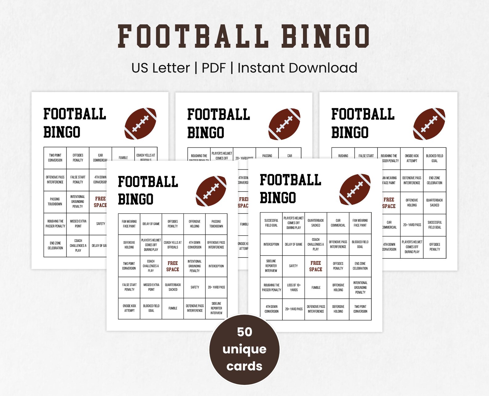 Football Bingo, Printable Sports Bingo Cards, Football Party Game ...