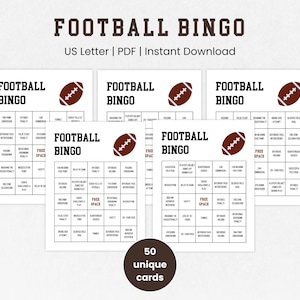 Voetbalbingo, afdrukbare sportbingokaarten, voetbalfeestspel, bingo voor het grote spel