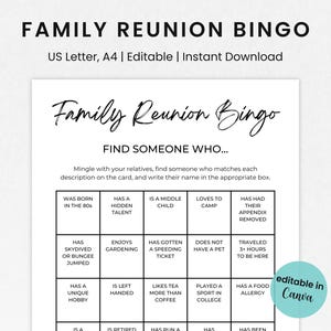 Bingo de reunión familiar editable, juego de bingo imprimible de reunión familiar, juego de reunión, actividad de reunión familiar, bingo Mingle