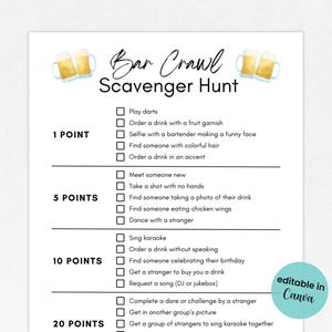 Búsqueda del tesoro editable en bares, juego para despedidas de soltero, juego para despedidas de soltera, juego de bar imprimible, búsqueda del tesoro para adultos