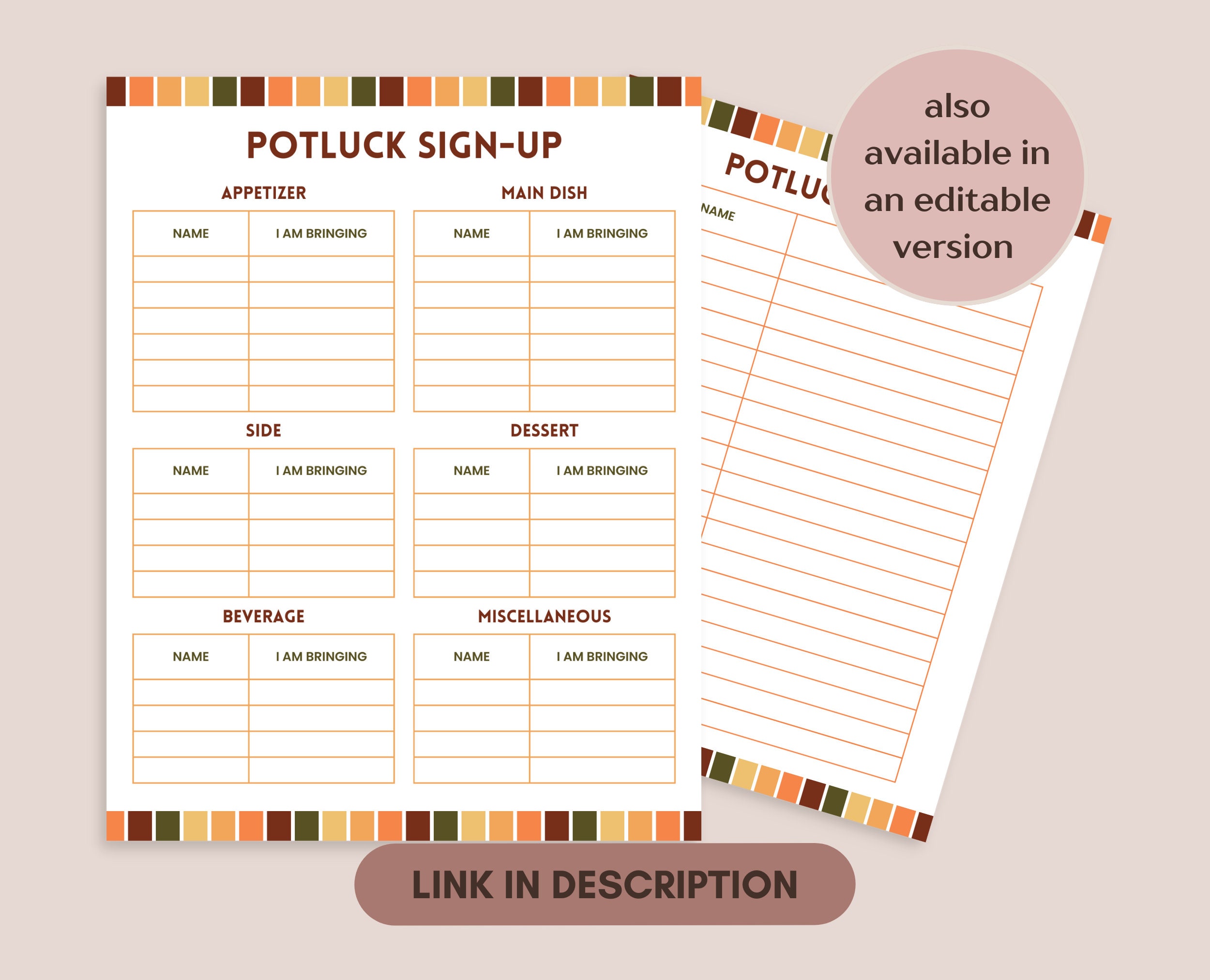 Fall Potluck Sign up Sheet, Office Potluck Party Printable, Fall Party