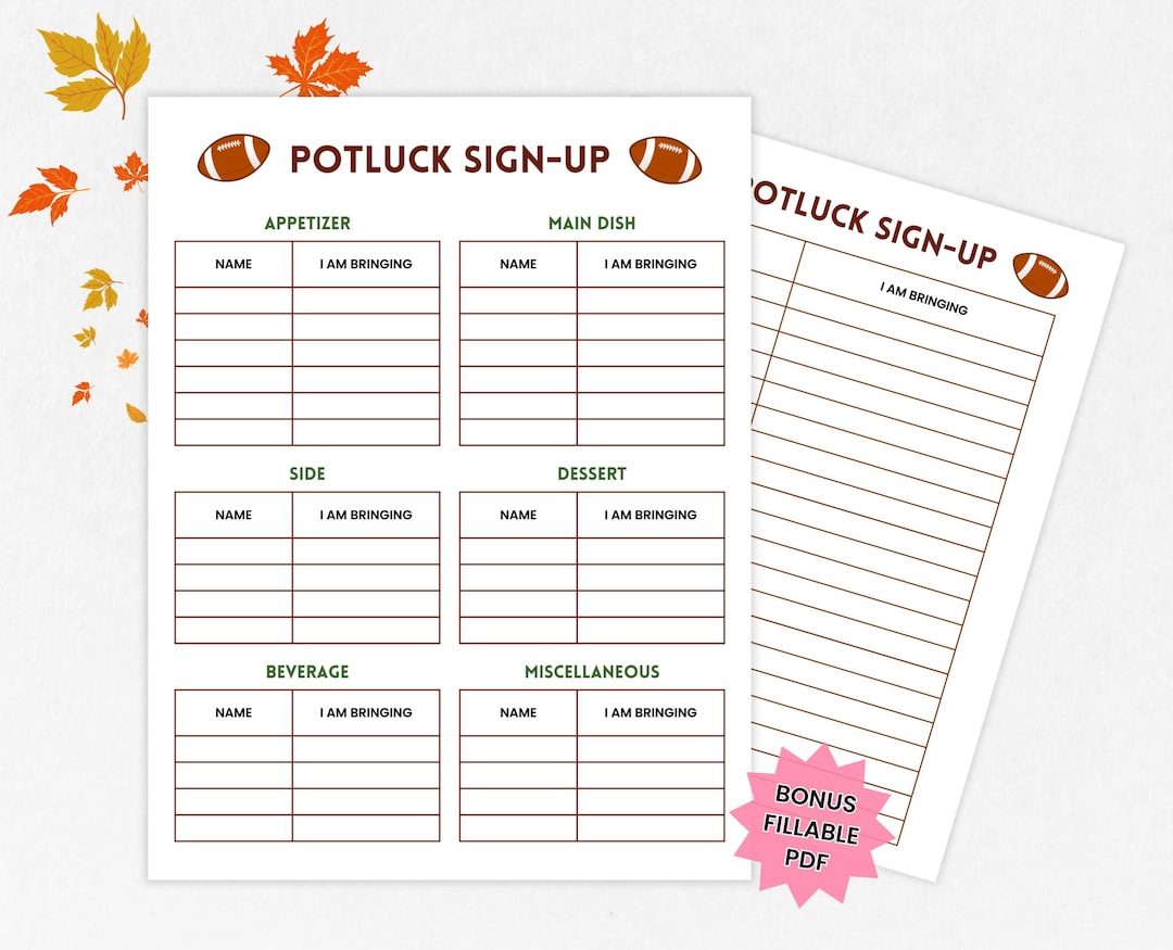 Football Potluck Sign up Sheet, Office Potluck Party Printable, Fall ...