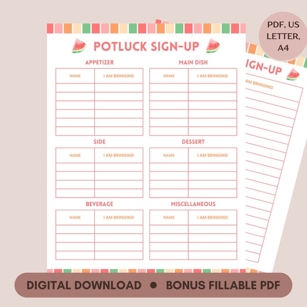 Potluck Sign Up Sheet, Office Potluck Party Printable, Summer Party Potluck Signup, Food Sign Up Sheet, Church Sign Up