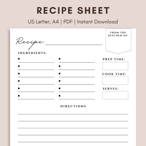 Simple Recipe Sheet, Printable Recipe Sheet for Binder, Blank Recipe Page, Sheet for Handwritten Recipes