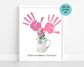 Flower Handprint Craft Template, Mom Handprint Art, Mothers Day Flower Handprint, Handprint Flower Bouquet, Handprint Craft for Daycare