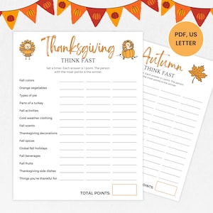 Thanksgiving Think Fast Game, Printable Thanksgiving Fun Party Activity, Thanksgiving Game for Family, Autumn Office Party Game