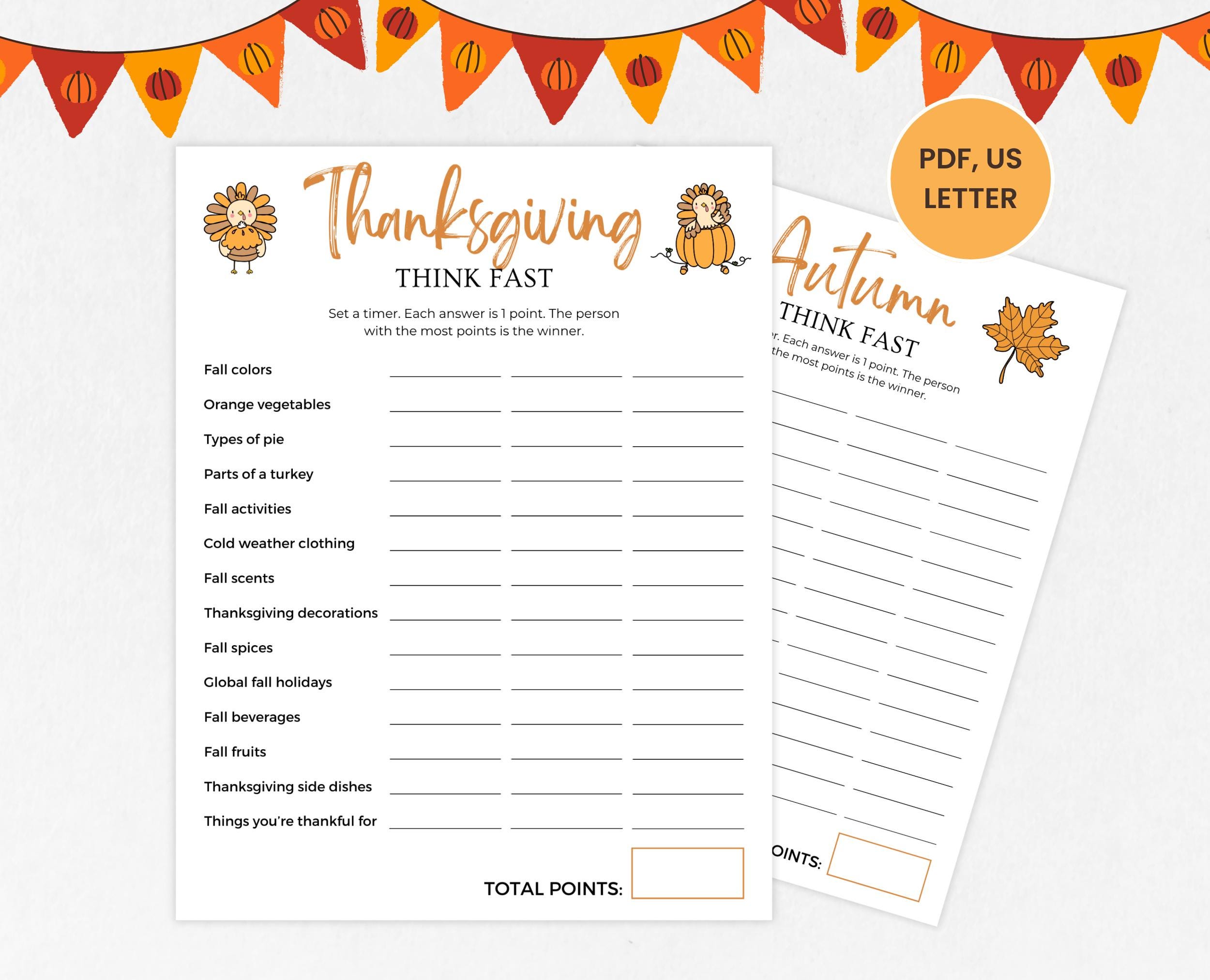 thanksgiving think fast game, printable thanksgiving fun party