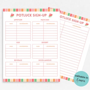 Editable Potluck Sign Up Sheet, Summer Office Potluck Party Printable, Summer Party Potluck Signup, Food Sign Up Sheet, Church Sign Up