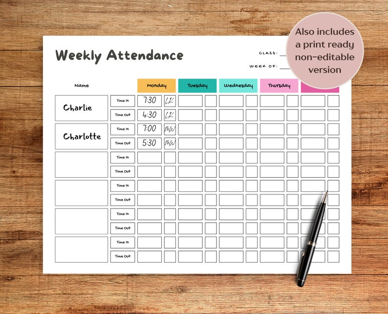 Weekly Attendance Tracker Template, Daycare Sign In, Preschool Class ...