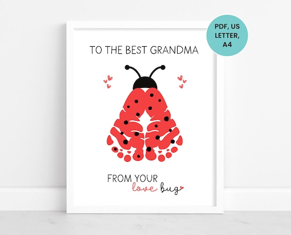 Grandparent's Day Footprint Art Template for Grandma, Love Bug Footprint Craft, Grandparents Day Keepsake, Baby Handprint Gift for Grandma