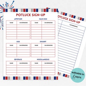 Editable Potluck Sign Up Sheet, 4th of July Party, Office Potluck Party Printable, Summer Party Potluck Signup, Food Sign Up, Church Sign Up