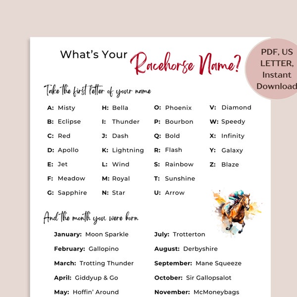 What's Your Racehorse Name Game, Printable Derby Game, Horse Race Game, Derby Party Activity