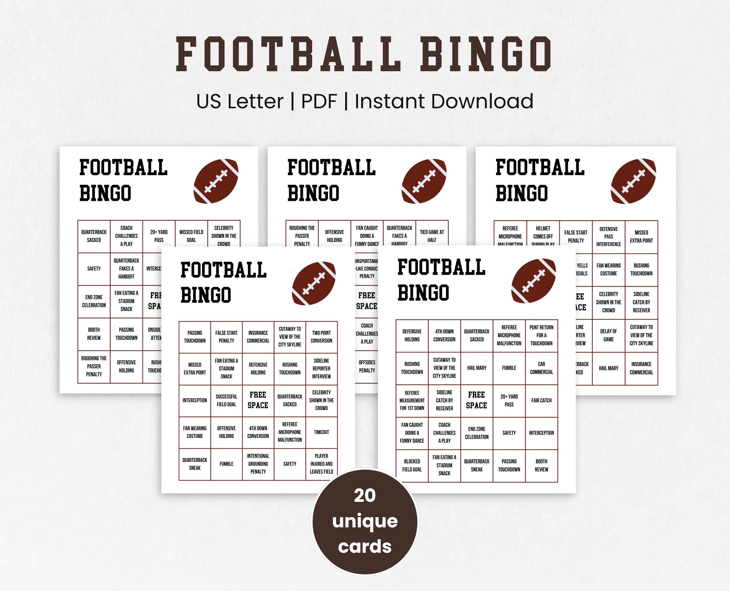 football bingo cards, football bingo game, printable sports bingo