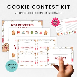May include: Printable cookie contest kit with voting cards, a sign, and certificates. The cards feature gingerbread men and other Christmas-themed illustrations. The sign is a recipe card with a gingerbread man illustration. The text on the cards reads "For the Best Decorated Cookie" and "For My Favorite".