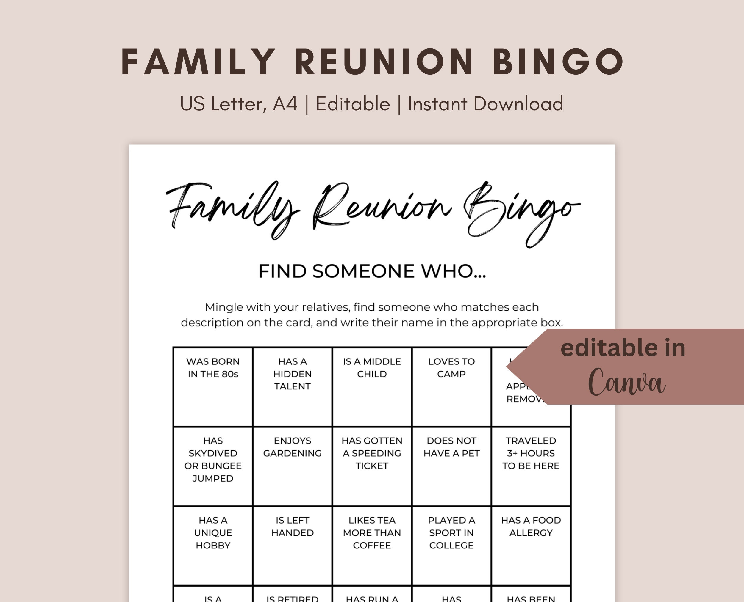 Editable Family Reunion Bingo Game, Family Reunion Bingo, Reunion Game ...