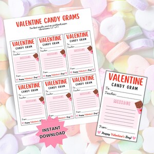 May include: Printable Valentine's Day cards for a teacher. The cards feature a pink background with a chocolate bar and the text "Valentine Candy Gram".