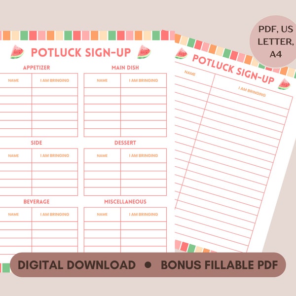 Potluck Sign Up Sheet, Office Potluck Party Printable, Summer Party Potluck Signup, Food Sign Up Sheet, Church Sign Up