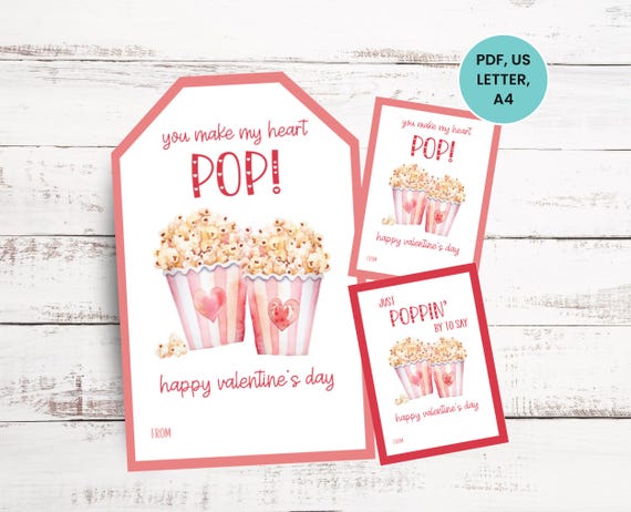 Popcorn Valentine Tag, Printable School Valentines, Kids